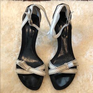 JoeyO Black Patent & Cream ribbon Strappy Heels